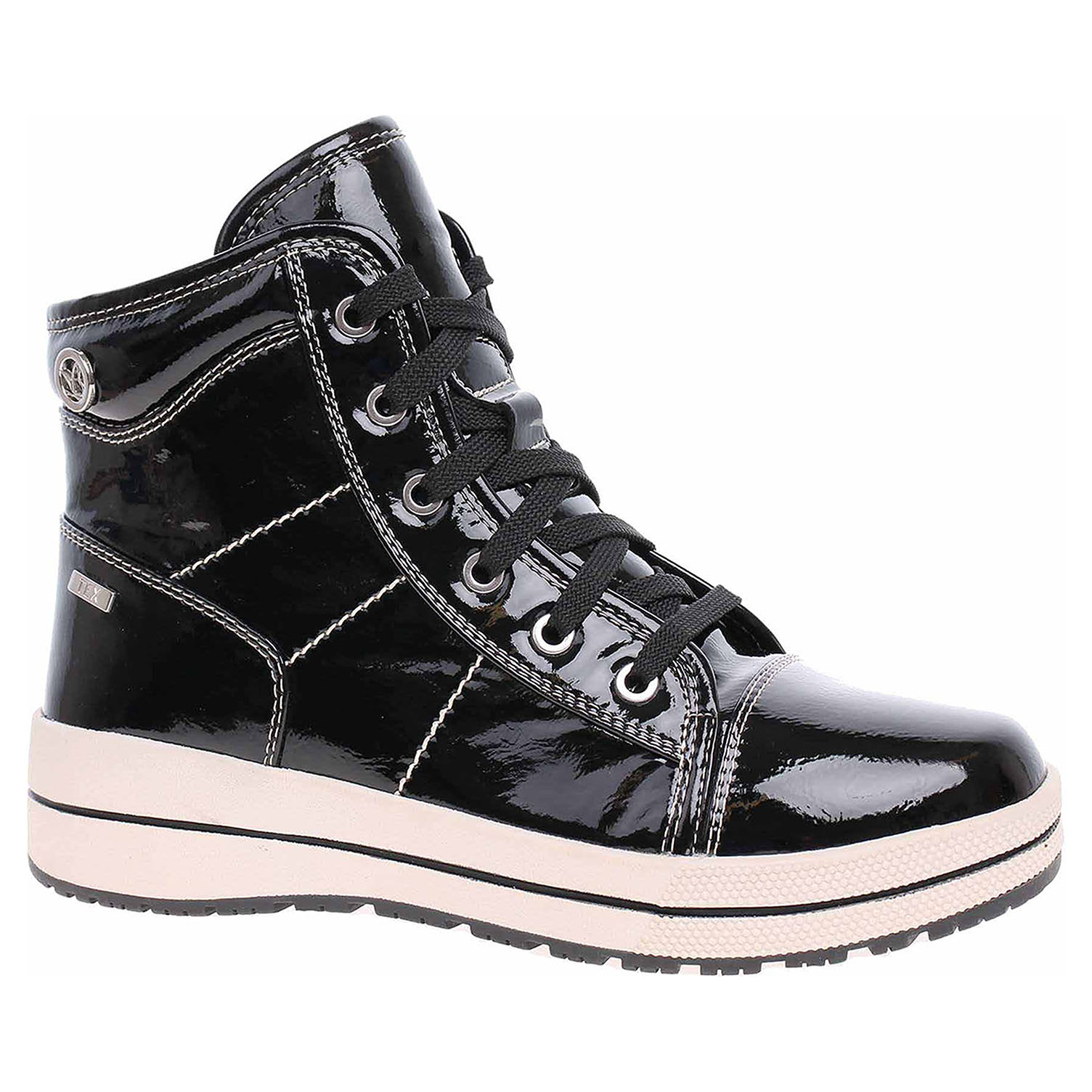 9/9-26222/21 018 black patent lepené dámské kotníkové, Tex, zip+šněr., lak CAPRICE