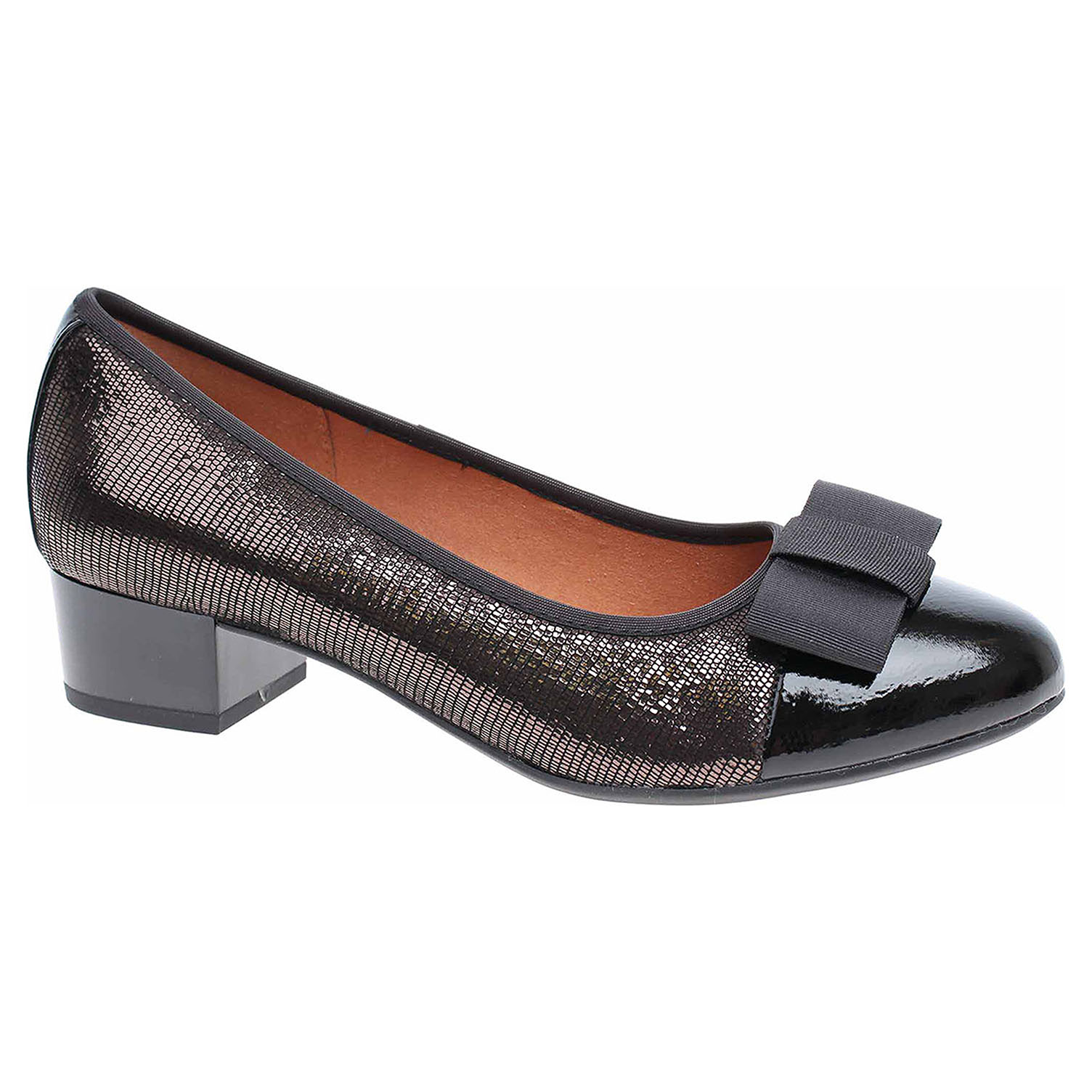 9/9-22303/21 933 gunmetal multi lakované dámské lodičky, H šíře, mašlička CAPRICE
